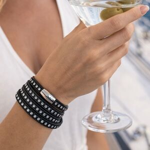 Black Multi-Row Crystal Wrap Bracelet with Silver Clasp